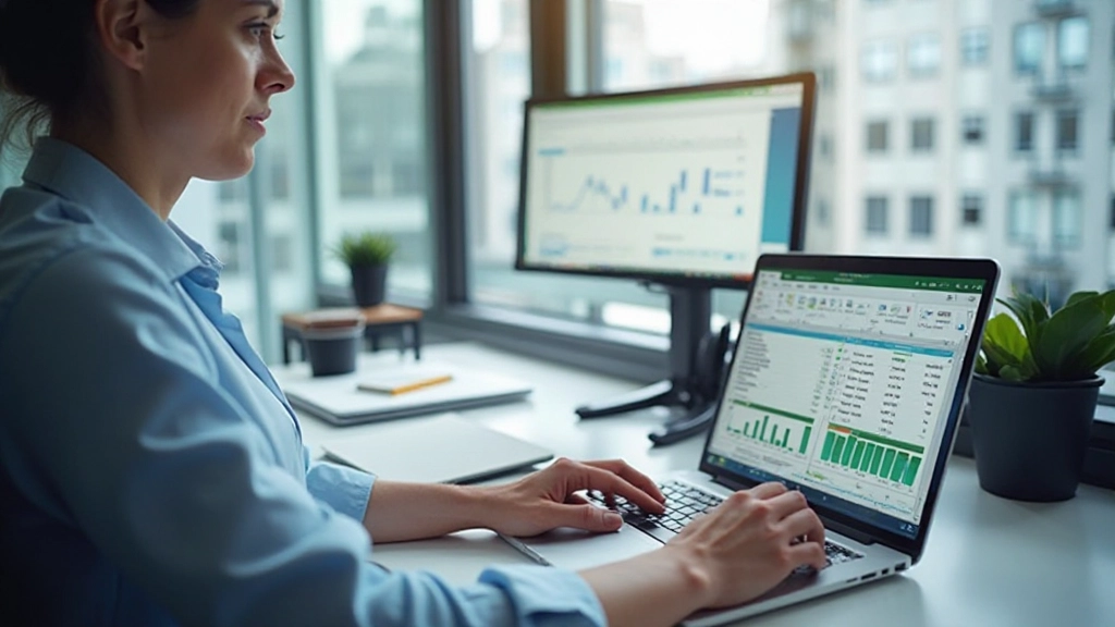 Professional business analyst working with spreadsheet data on modern laptop in office
