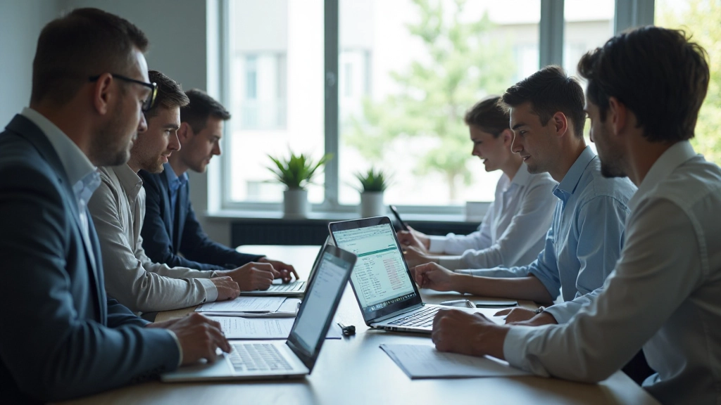 Team collaborating on Excel spreadsheet during business meeting