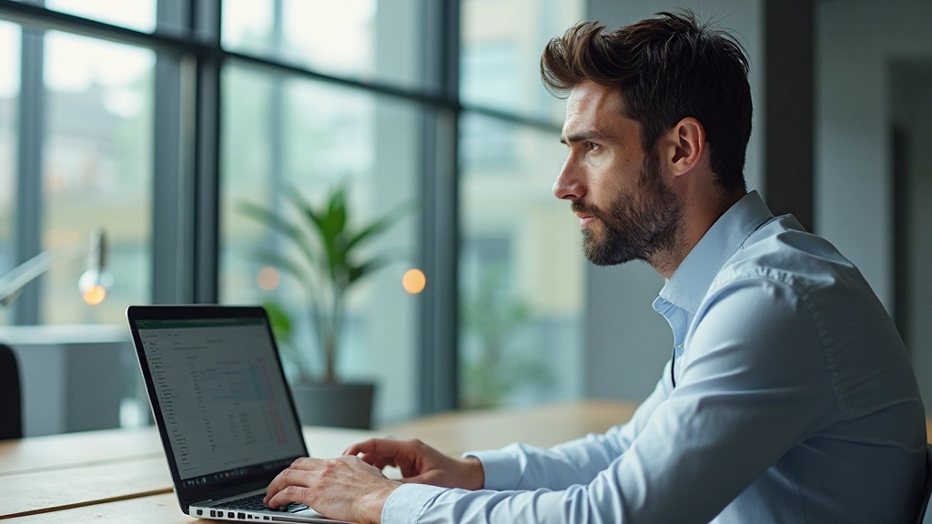 Professional man werkend aan Excel-spreadsheet met formules en berekeningen op computermonitor in kantoor
