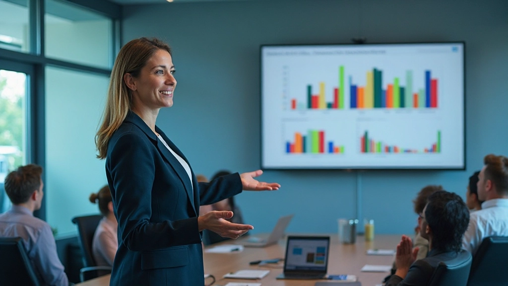 Professionele vrouw presenteert Excel-grafieken en diagrammen op groot scherm aan team in vergaderruimte